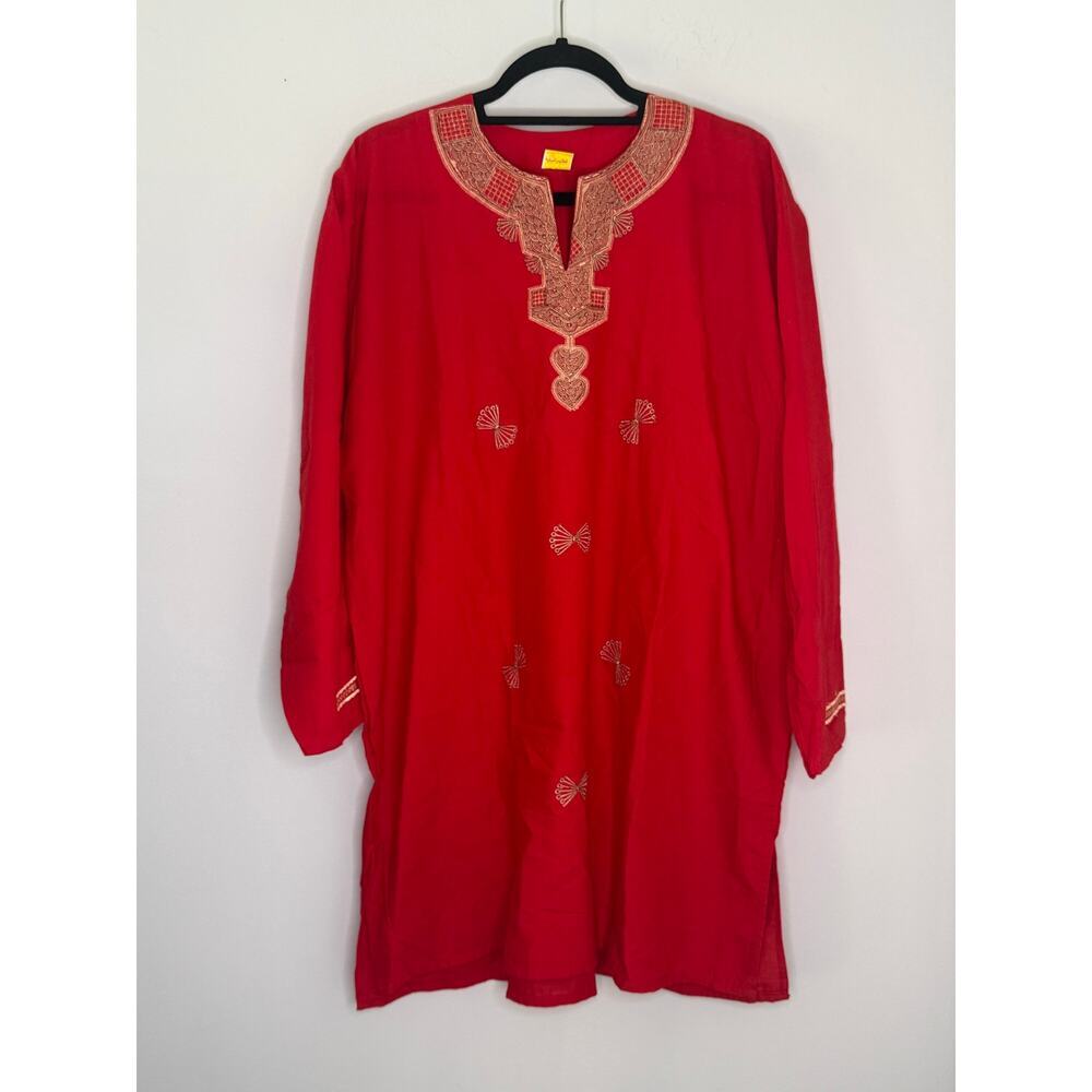 Red Notched V-Neck Collar Embroidered Long Tunic Side Slit XXL Kurti NWT